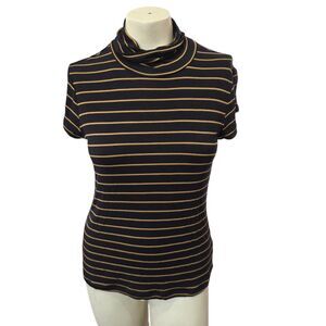 Cabi Striped Cowl Neck Top Small Black Mustard Stretch Knit Casual Shirt